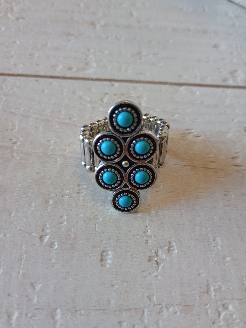 paparazzi Silver-Tone Stretch Ring with Turquoise Accents